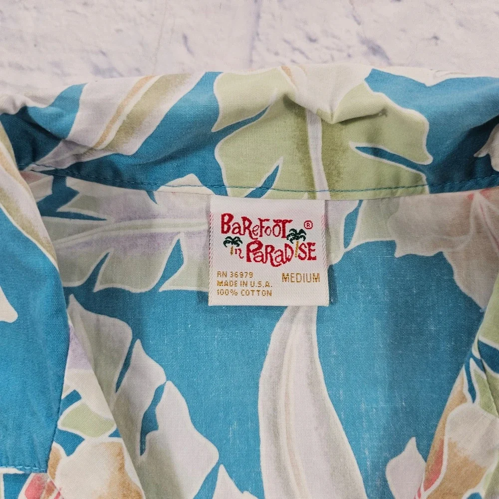 Barefoot in Paradise Button Shirt MENS M Teal Floral Hawaiian Cotton USA VTG